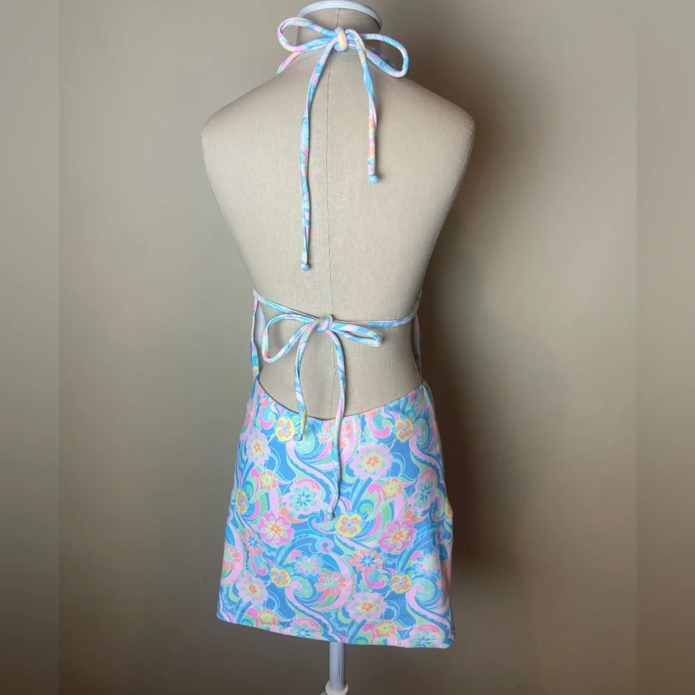Frankie's Bikinis SET Halter Top and Skirt- Blue and Pink Floral